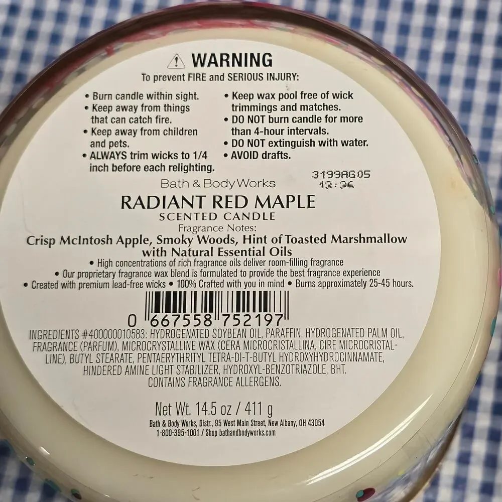 BBW Radiant Red Maple & Pumpkin Spice Latte X Twisted Peppermint 3 Wick Candle - Picture 4 of 5